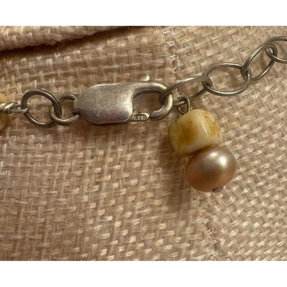 Sterling Silver Chunky‎ Gems & Pearls Necklace 15.5-17.5